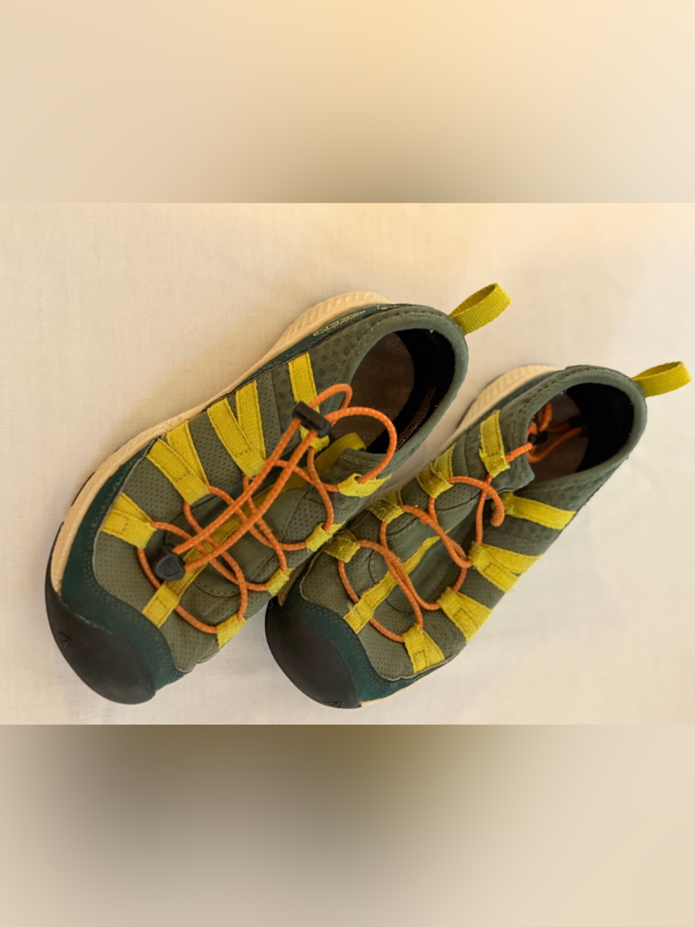 Keen Kids Olive Green and Yellow Water Shoes with Orange Laces